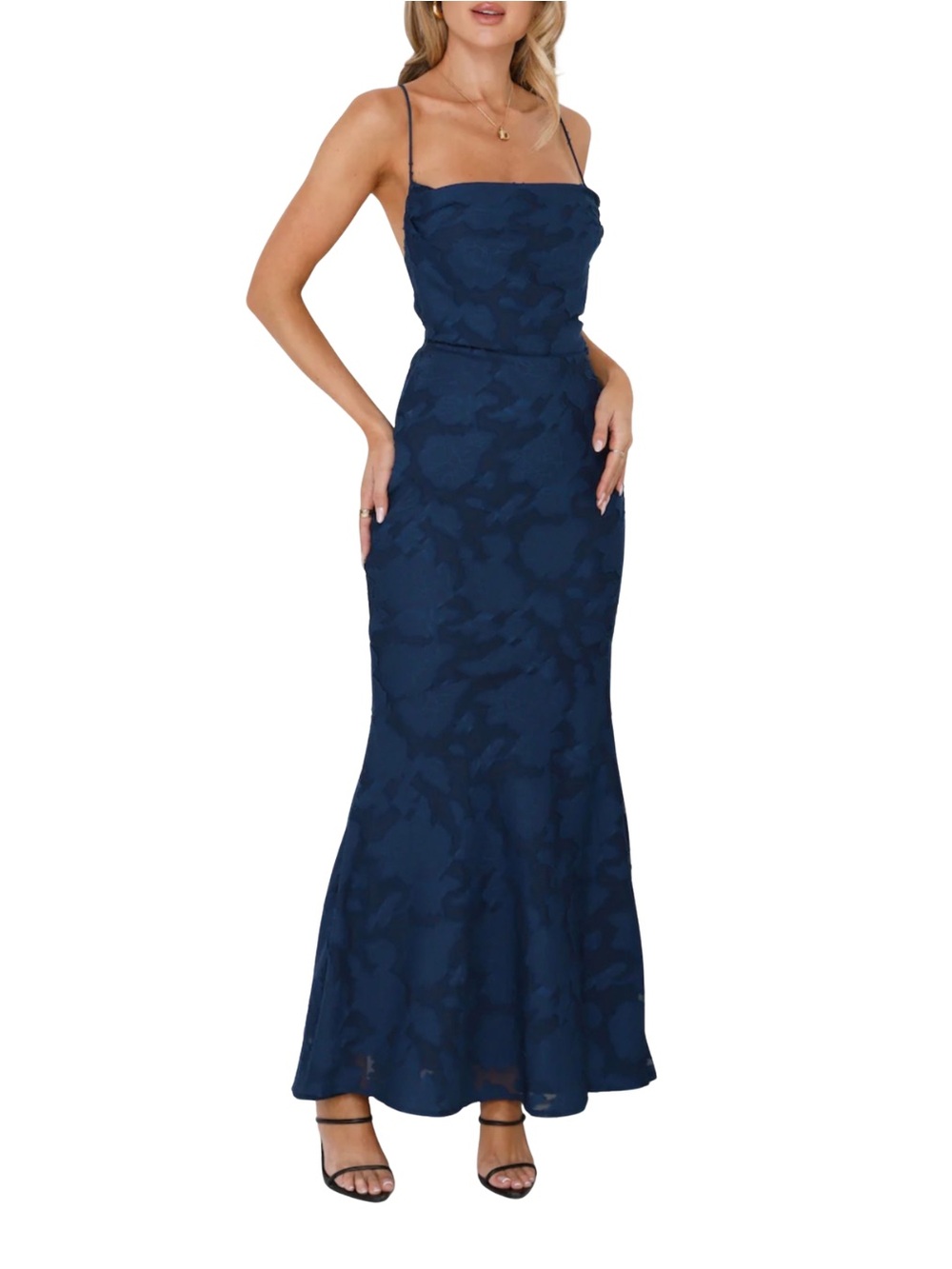 Hello Molly Navy Blue Jacquard Backless Maxi Dress